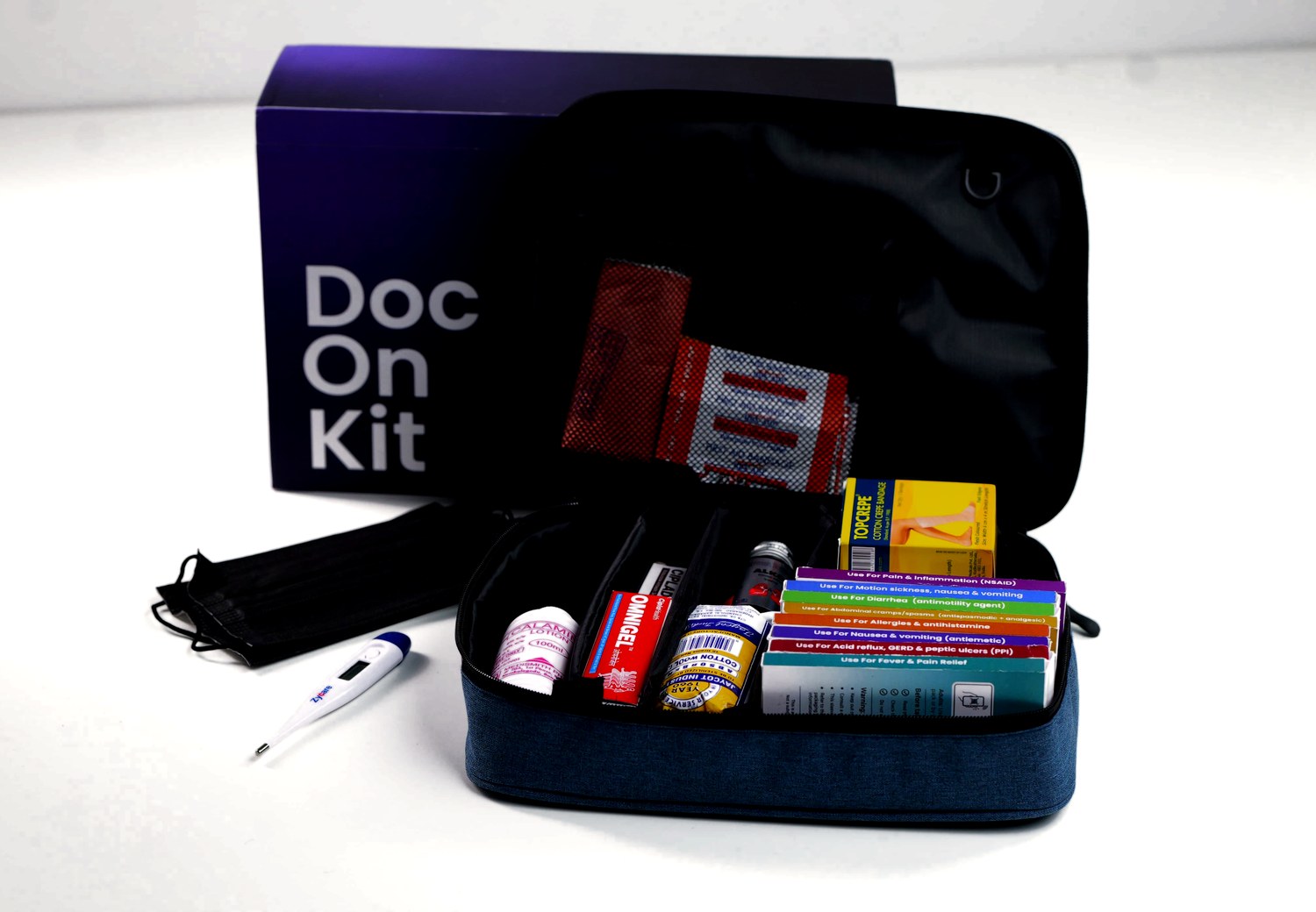 DocOnKit Travel Healthcare Kit with organised medicines, thermometer and travel essentials